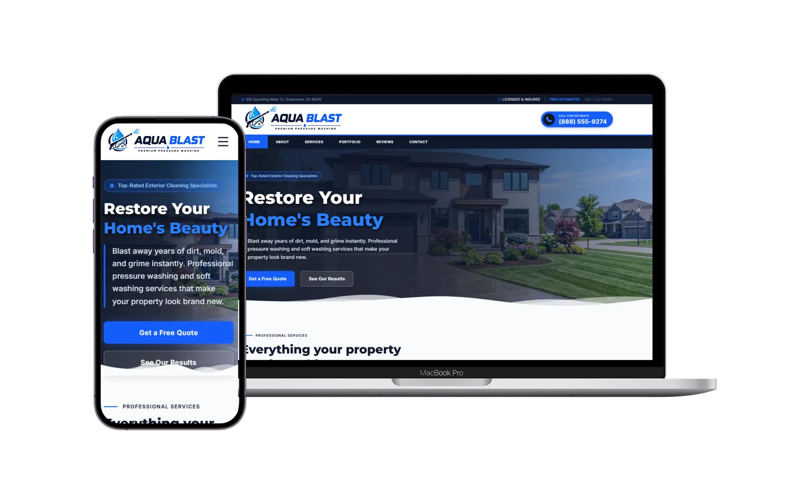 Site de exemplo para empresa de limpeza e pressure washing, em desktop e celular