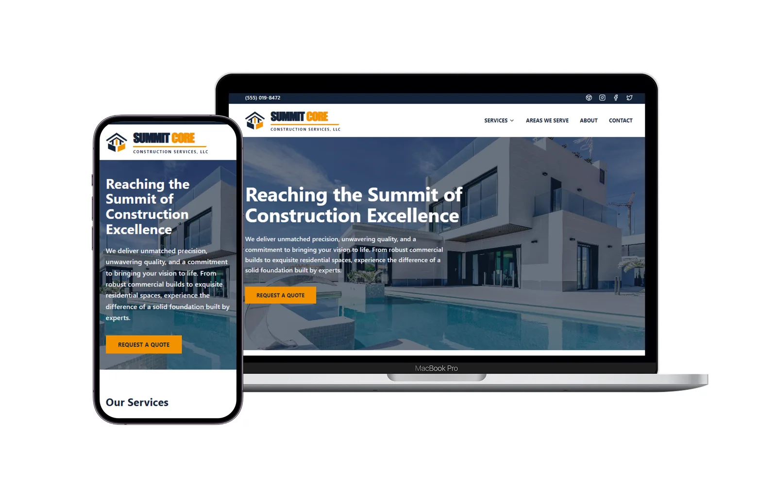 Site de exemplo para empresa de construção e remodeling, em desktop e celular