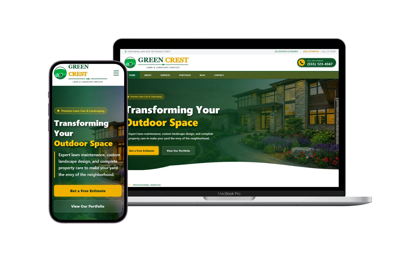 Site de exemplo para empresa de paisagismo, em desktop e celular