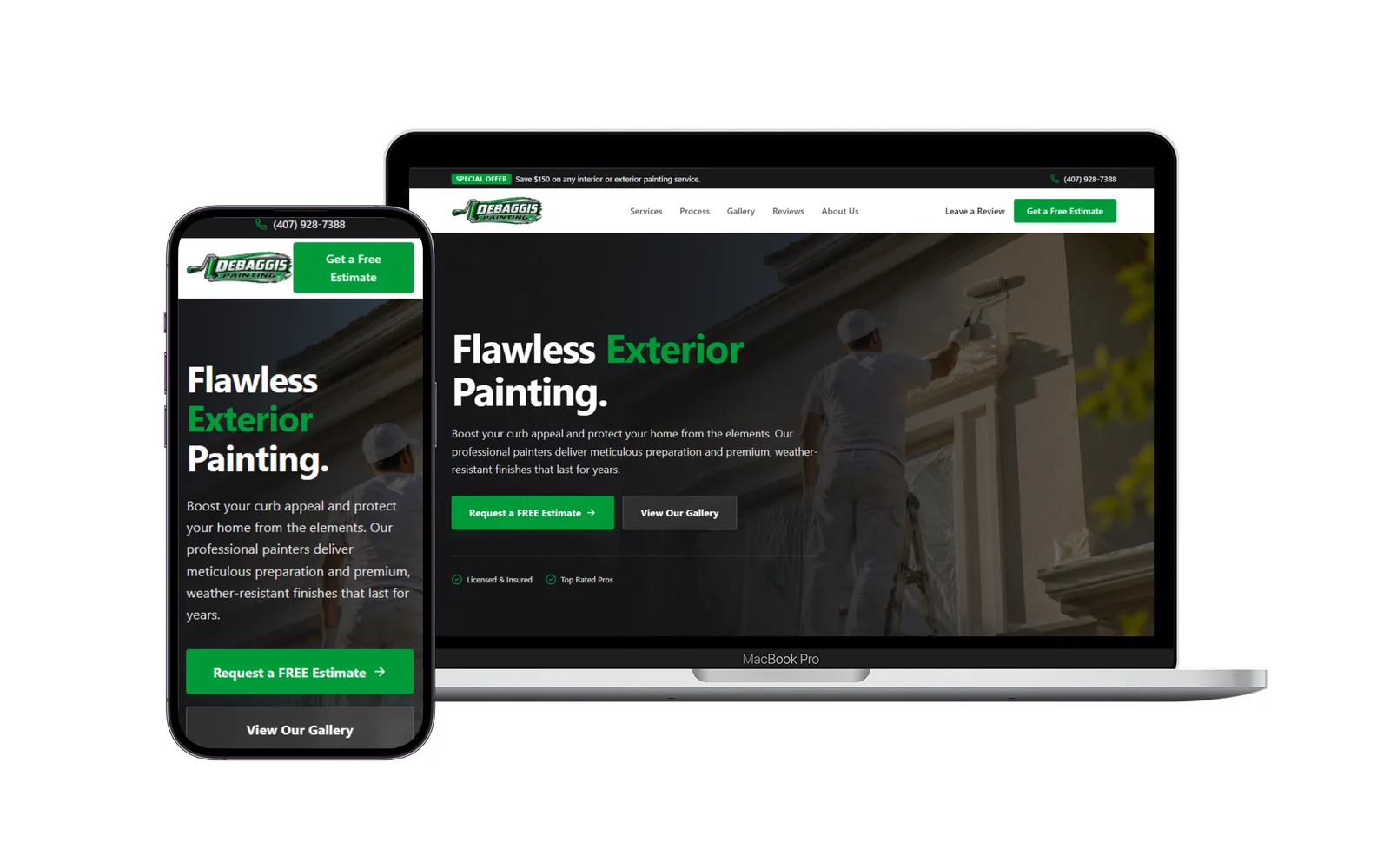 Site de exemplo para empresa de pintura, em desktop e celular