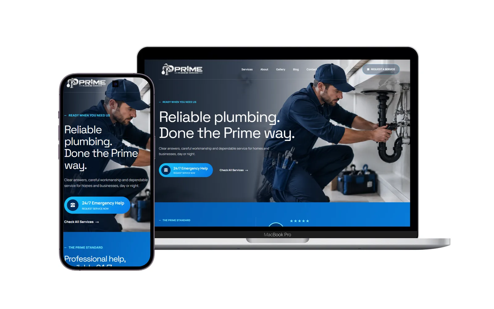 Site de exemplo para empresa de encanamento, em desktop e celular