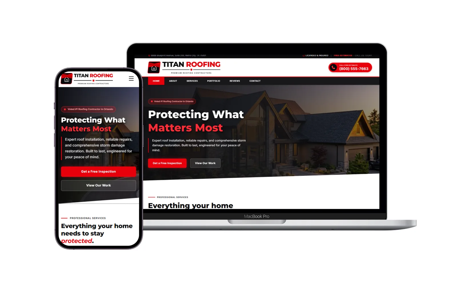 Site de exemplo para empresa de roofing, em desktop e celular