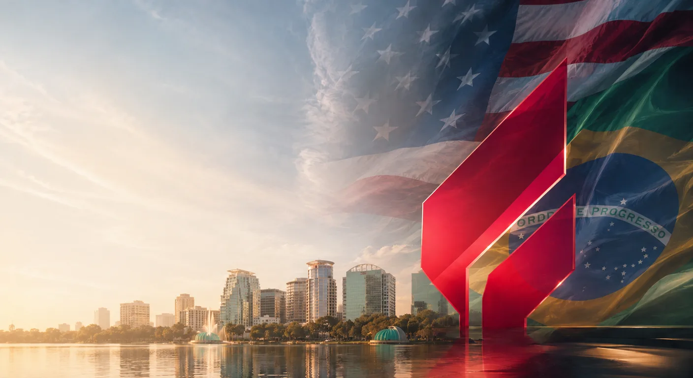 Skyline americano com as bandeiras dos Estados Unidos e do Brasil e a marca Liberty Sites